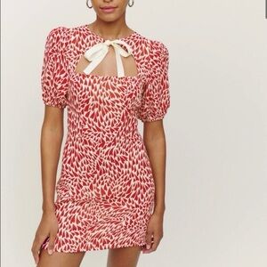 NWT Reformation Morgan Mini Dress In Love Heart Red White Tie Neck Sz 6